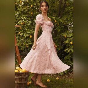 House of CB Size L+ Tallulah Pink Floral Puff Sleeve Midi Dress Cottagecore
